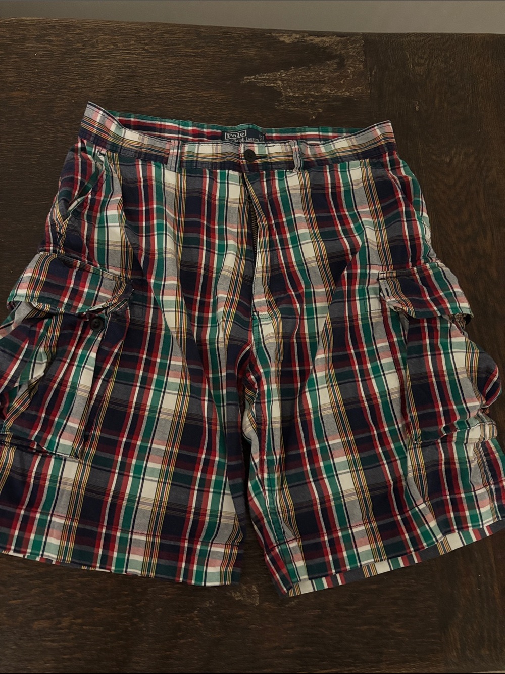Polo by Ralph Lauren Red, Green & Navy Plaid Cargo Shorts. Sz 35